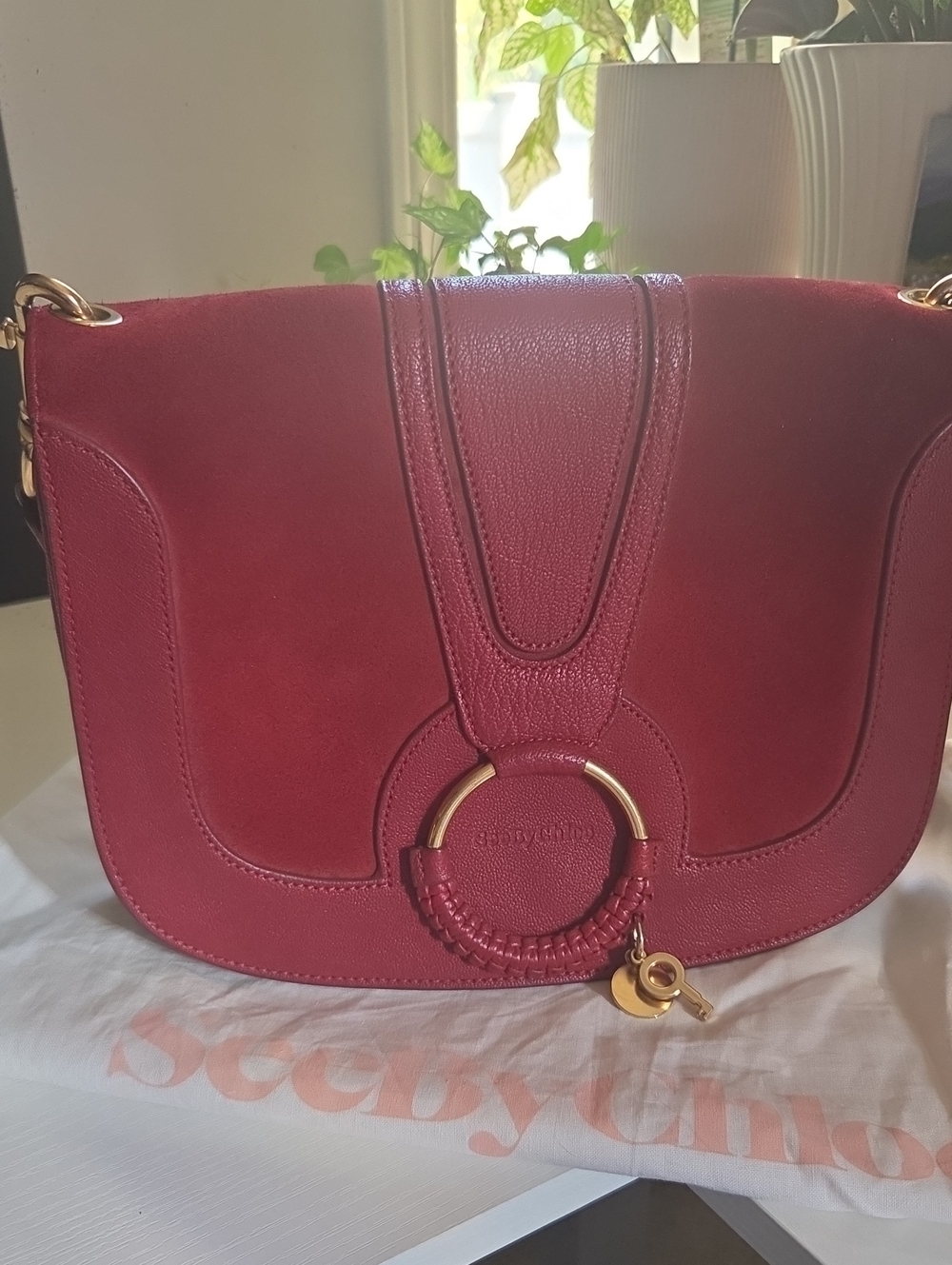 See By Chloe Hanna Red Leather & Suede Shoulder Bag with Gold Ring
